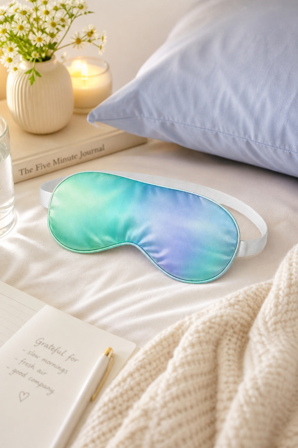 Aurora Silk Sleep Mask on a bed with soft candlelight and flowers