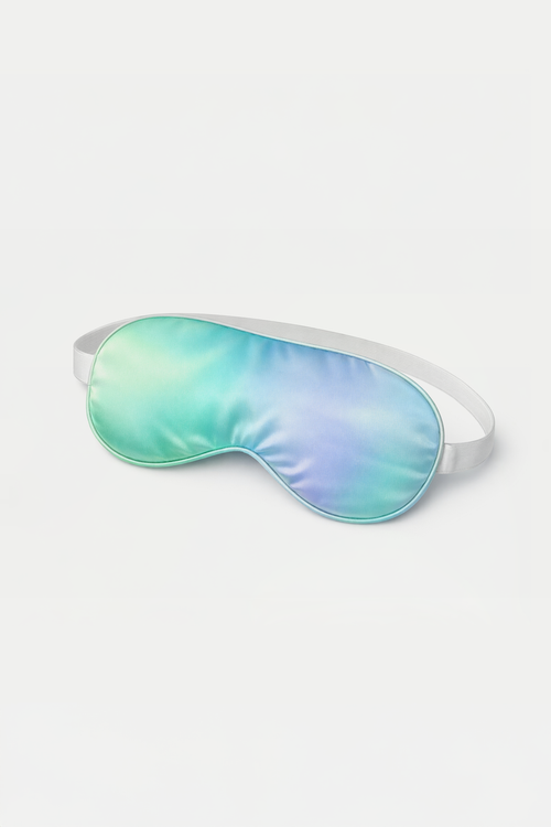 Pastel blue and green satin sleep mask with elastic strap
